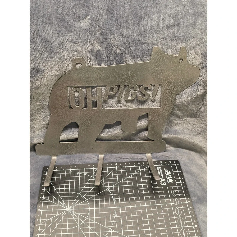 Rustic Metal Pig Wall Art Rack Oh Pigs Farmhouse Decor 3 Hooks Silver Tone